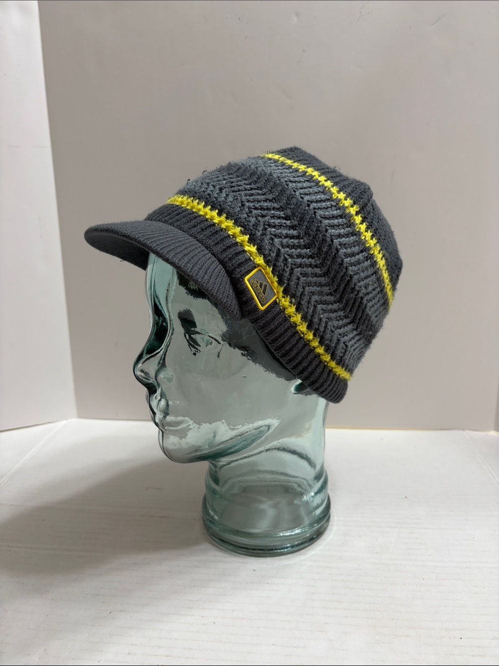adidas Gray Knit Visor Beanie with Yellow Stripes